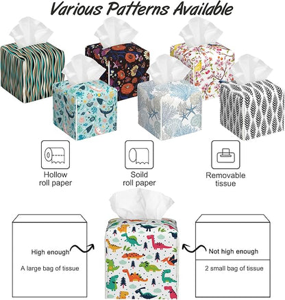 Funny Dinosaurs Tissue Box Cover Square,Cartoon Clouds Trees Tissue Box Holder with Belt Bottom,Stylish Leather Napkin Holder for Vanity Countertop,Nightstands,Office Desk,5.2"×5.2"×5.2"
