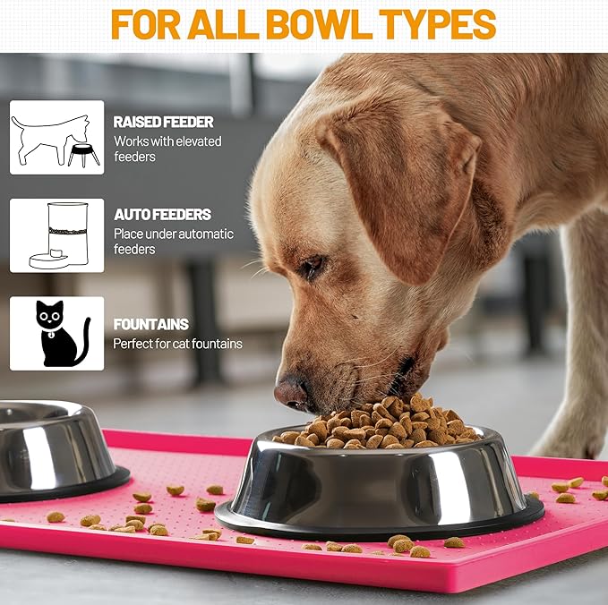Hubulk Dog Feeding Mat,100% Waterproof Food Grade Silicone Pet Food and Water Bowl Placemat,Dishwasher, High Raised Edge to Prevent Spills,Nonslip Tray to Stop Messes on Floor (24"x16"x0.5", Pink)