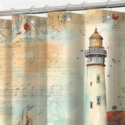 mutakin Nautical Shower Curtain Coastal Lighthouse Shower Curtains for Bathroom Waterproof Fabric Bath Curtain Decor with Hooks