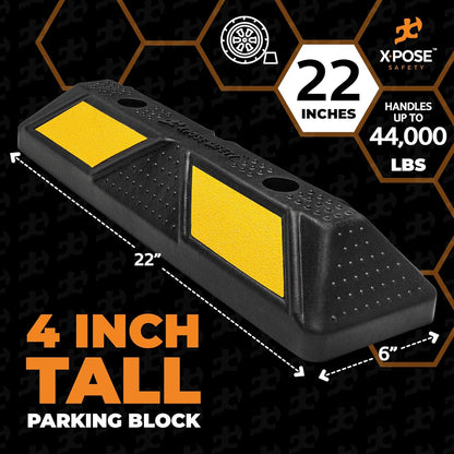 Xpose Safety 22" Heavy Duty Rubber Parking Stopper – 2 Pack Wheel Blocks for Garage, Driveway, or Ramp – Car Bumper Stop with Yellow Reflective Strips – Removable Floor Mount