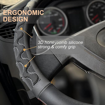 PINCTROT XL Size 17.5-18 Inch Great Grip Steering Wheel Cover for Semi Truck, Fits RV, Big Rig Trucker, 18 Wheeler and Classic Cars, Anti-Slip Design 17.5-18 Inch (Black/Red Stitch)