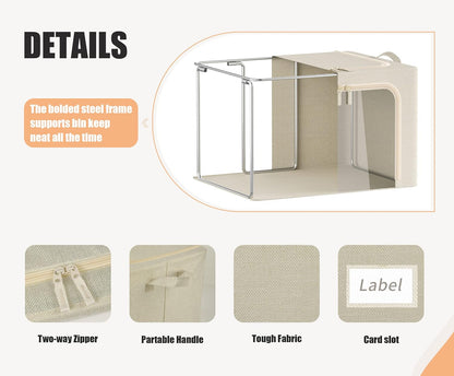 3 Opeings Large Clothes Storage Bins with Metal Frame, Foldable Storage Bin for Clothes, Clothing Storage Bins with Lid, Linen Storage Box With Clear Window＆ Zippers＆ Durable Handles.(3 Pcs,Beige,66L)