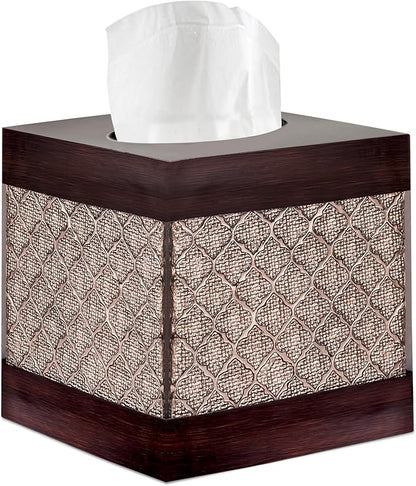 Dahlia Square Tissue Box Cover Square - Brown Tissue Box Holder Vessel - Decorative Tissue Holder for Bathroom - Elegant Brown Bathroom, Bedroom, Office Decor