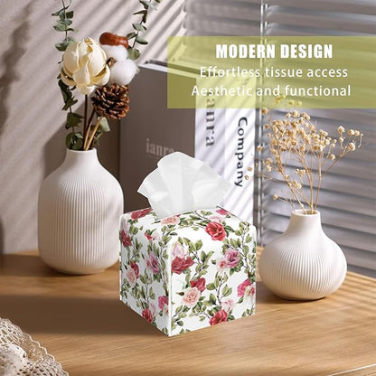 BLYKVGHQ Watercolor Rose Flower Tissue Box Cover Square, Tissue Box Holder with Bottom Belt Leather Facial Paper Organizer Dispenser for Bathroom Bedroom Dresser Night Stand Tabletop