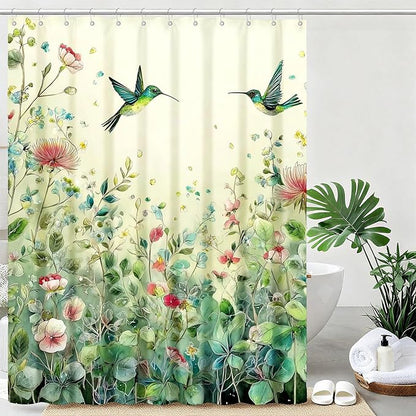 mutakin Green Leaf Flowers Shower Curtain Hummingbird Shower Curtains for Bathroom Waterproof Fabric Bath Curtain Decor with Hooks