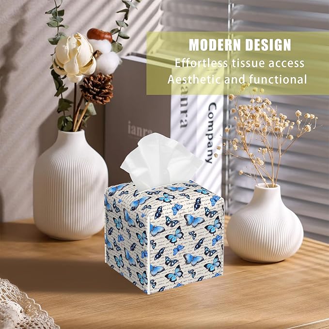BLYKVGHQ Vintage Blue Butterfly Tissue Box Cover Square, Tissue Box Holder with Bottom Belt Leather Facial Paper Organizer Dispenser for Bathroom Bedroom Dresser Night Stand Tabletop