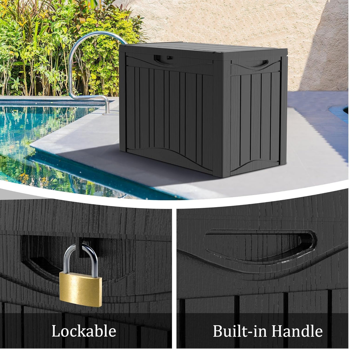 TARKARI 45 Gallon Lockable Resin Deck Box, Waterproof & UV-Resistant Outdoor Storage Box for Outdoor Cushion Storage, Garden Tools & Pool Accessories Storage, Black