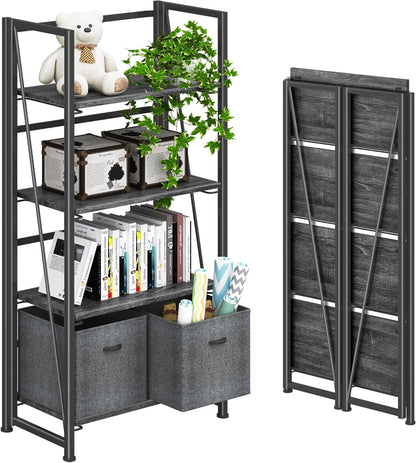 4NM No Assembly Folding Bookshelf Storage Shelves 4 Tiers Vintage Bookcase Standing Racks Study Organizer Home Office (Gray Black)