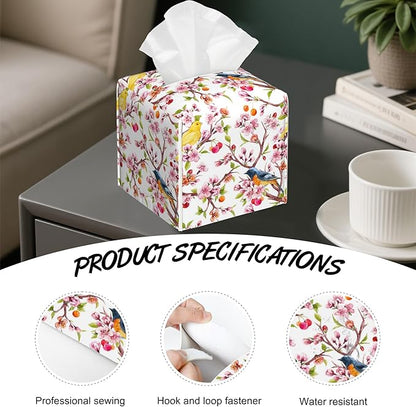 Cherry Blossoms Tissue Box Holder,Watercolor Bird Cube Tissue Box Cover Holder,Leather Facial Paper Organizer Dispenser Home for Bedroom Night Stands,Kitchen,Office and Car,5.2"×5.2"×5.2"