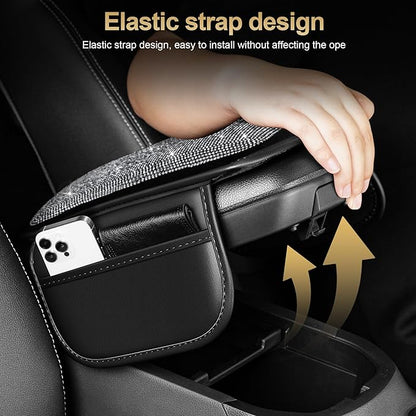 Center Console Cover Fit for RLX: Upgraded Diamond Auto Middle Console Cover - Crystal Rhinestone Armrest Cover for Car with 2 Storage Bags,Anti-Scratch Auto Armrest Pad Accessory （Black