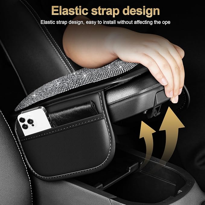 Center Console Cover Fit for TLX: Upgraded Diamond Auto Middle Console Cover - Crystal Rhinestone Armrest Cover for Car with 2 Storage Bags,Anti-Scratch Auto Armrest Pad Accessory （Black