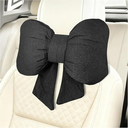 Sun Walker Bow Car Headrest Pillow, Breathable Bow-Shaped Vehicle Neck Pillow with Adjustable Strap, Ergonomic Neck Support Cushion Driving Seat Decoration for Women Girls (Black)