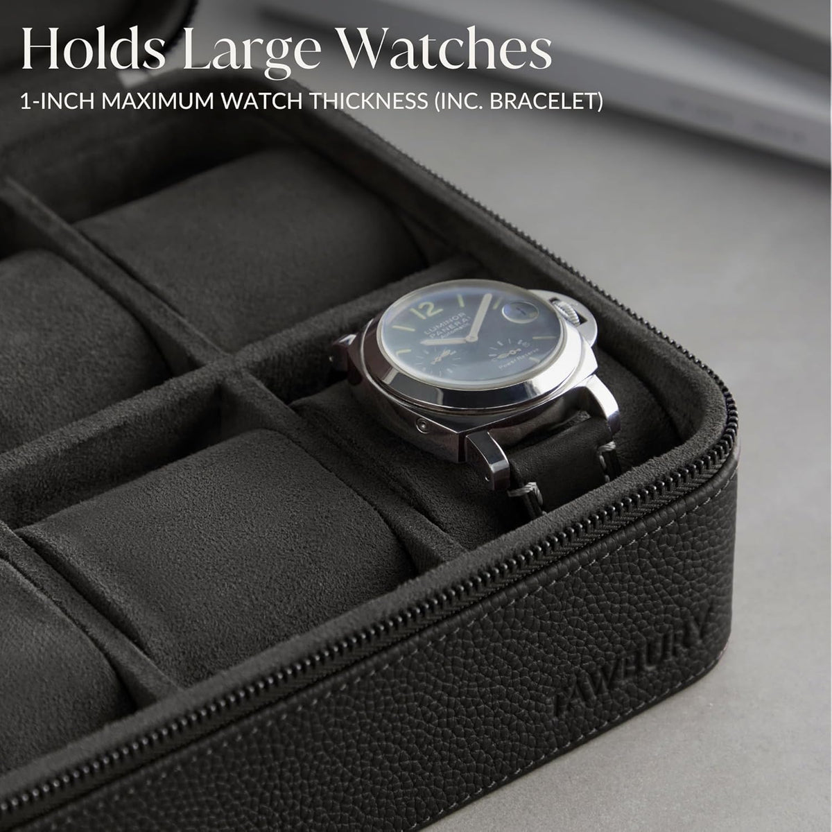 TAWBURY Watch Case - 6 Slot Genuine Top-Grain Leather Watch Box for Men & Women with Extra Wide Pillows for Large Watches - Portable Wristwatch Storage for Home & Travel (Black)
