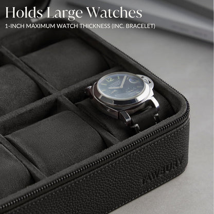 TAWBURY Watch Case - 6 Slot Genuine Top-Grain Leather Watch Box for Men & Women with Extra Wide Pillows for Large Watches - Portable Wristwatch Storage for Home & Travel (Black)