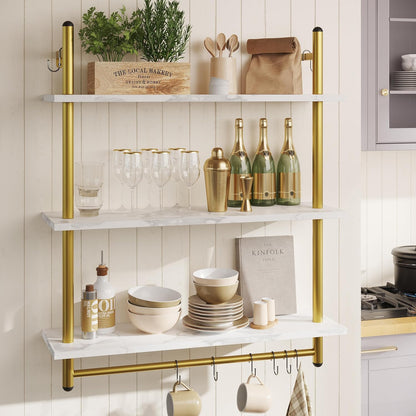 Bestier 31" Industrial Pipe Shelving, Floating Kitchen Wall Shelves 3 Tier Coffee Bar Shelves for Wall with 8 Hooks, Hanging Display Shelf Bookshelf for Living Room Bathroom, White Marble