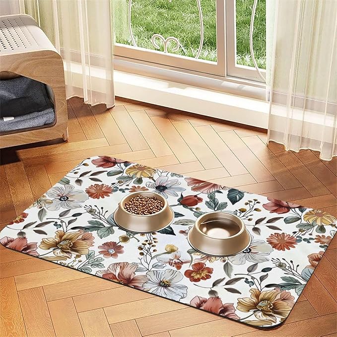 Flowers Pattern Dog Food Mat Absorbent Bowl Mats No Stains Quick Dry Waterproof Pet Cat Placemats for Food and Water, 30x45cm