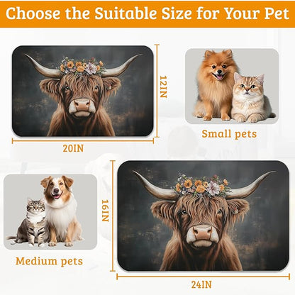 Highland Cow Feeding Mat,Absorbent Quick-Dry Cat Dog Food and Water Bowl Mats,Non-Slip Rubber Backing Mat,Cat Dog Accessories Supplies 16" x 24"