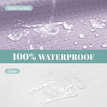 eachope Lavender Long No Hook Waffle Weave Shower Curtain with snap-in Liner Replacement, 230GSM Waterproof Fabric Hotel Shower Curtain Set for Bathroom, Through Mesh Top Window,71Wx80H