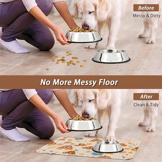 Cute Mushroom Flower Dog Cat Food Mat,Absorbent Pet Feeding Mat with Rubber Backing,Non-Slip Water Bowl Placemat,Indoor Pet Accessories Supplies 16"x24"