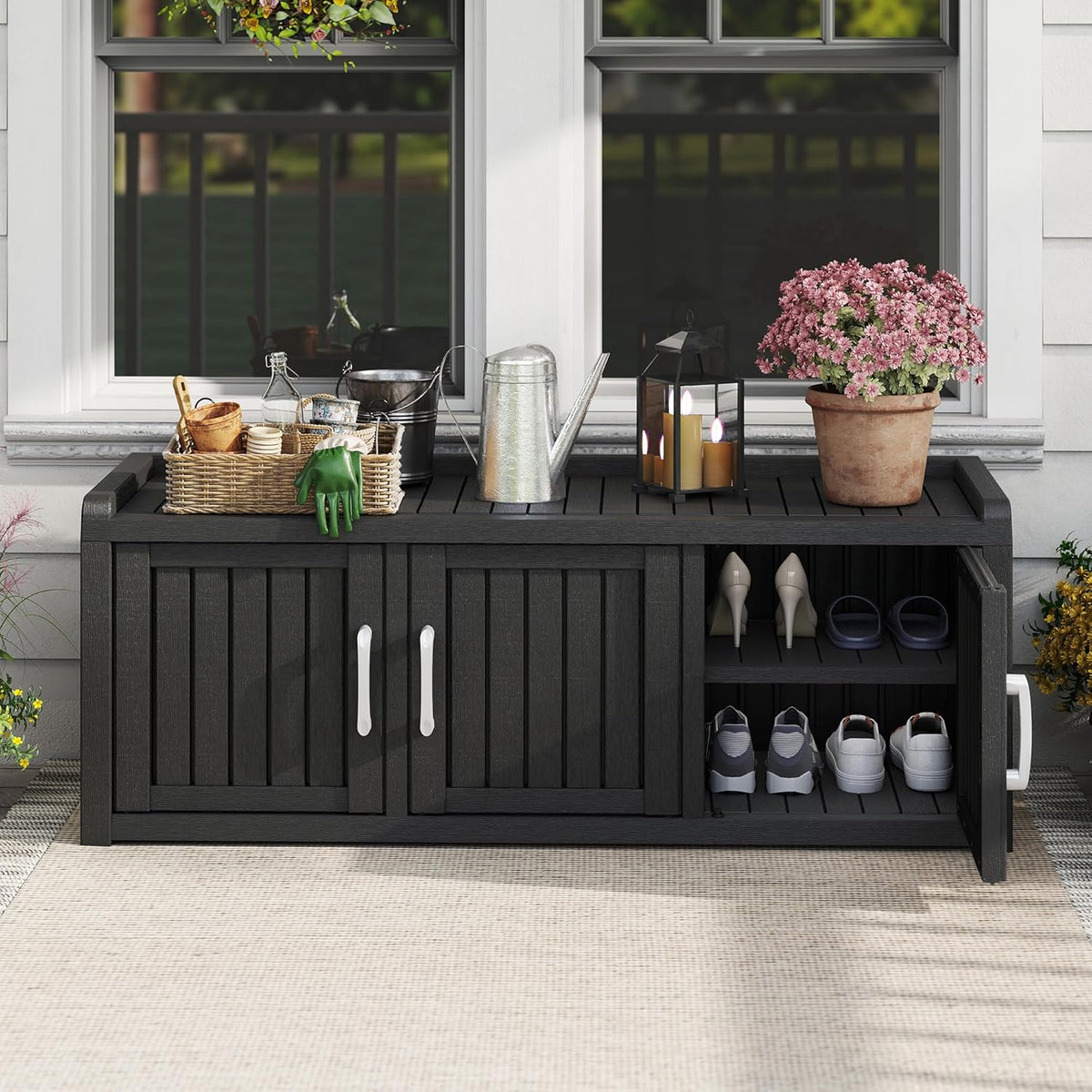 KAMABOKO Outdoor Shoe Storage Cabinet Waterproof UV-Resistant, Entryway Storage Bench Indoor Outdoor with 3 Barn Doors, Adjustable Shelves for Entryway, Bedroom, Hallway,Living Room(Black)
