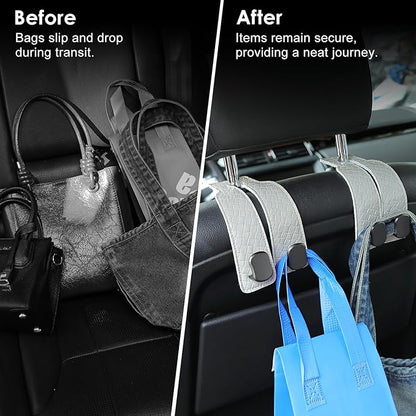 KINIVA Car Seat Headrest Storage Hooks, Set of 2, Suede PU Leather, Double Hooks (07-Grey)