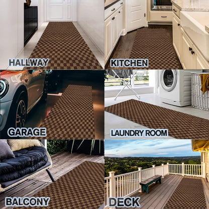 Custom Size Backed Non-Slip Area Rugs Runner, Easy Clean, Waterproof Runner Rugs for Hallway Entryway, Kitchen, Laundry, 4FT x 55FT, Brown Checkered