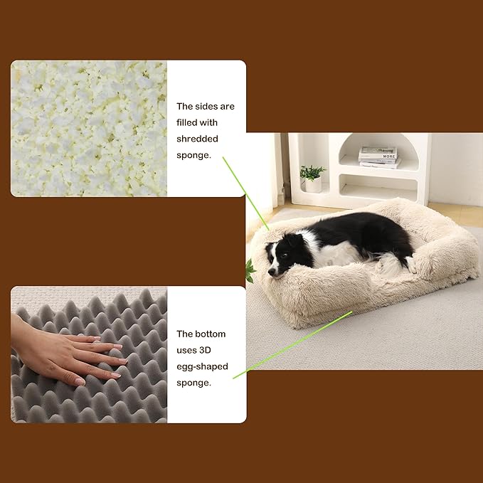 CareCooo Orthopedic Dog Bed for XL Dogs - Washable Memory Foam Pet Sofa, Fluffy Plush Rectangular Bed, Waterproof Anti-Anxiety Couch, Light Gray, XL