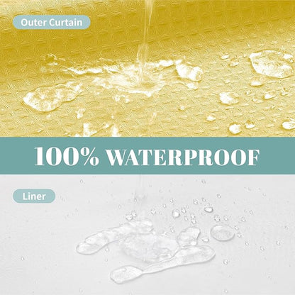 eachope Yellow No Hook Waffle Weave Shower Curtain with snap-in Liner Replacement, 230GSM Waterproof Fabric Hotel Shower Curtain Set for Bathroom, Through Mesh Top Window,71Wx86H