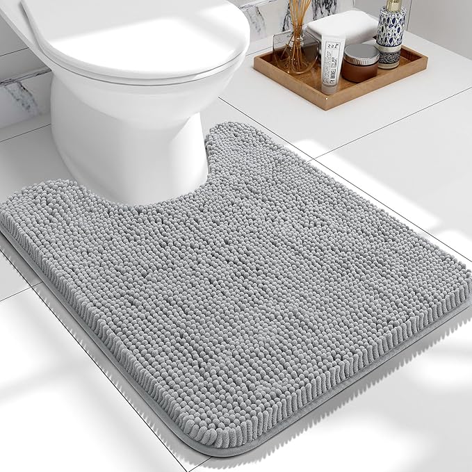 OLANLY Toilet Rugs U-Shaped 24x20, Extra Soft Absorbent Chenille Contour Bathroom Rugs for Toilet, Dry Quickly, Machine Washable, Non-Slip Bath Mat, Light Grey