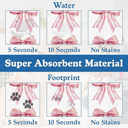 Pink Bows Dog Cat Food Mat–Christmas Stocking Absorbent Waterproof Placemat for Food and Water Bowls, Non Slip Rubber Backing, Feeding Mat for Clean Floors 16"x24"