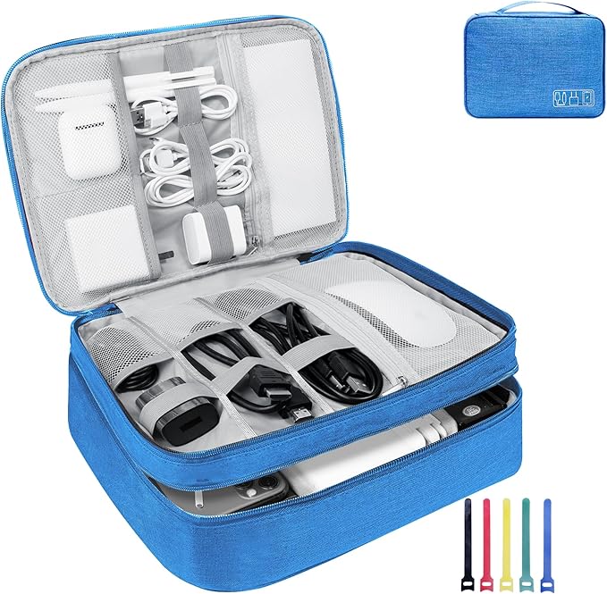 Electronics Travel Organizer,Large Double Layer Portable Waterproof Travel Organizer Bag for Charging Cable Storage,Ipad,Power Bank,Hard Drive,for Travel,Business,5pcs Cable Ties-Sky Blue