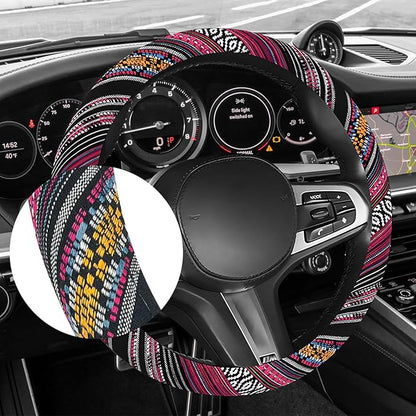 Boho Car Steering Wheel Cover, Ethnic Style Anti-Slip Coarse Flax Cloth Auto Wheel Cover, Bohemian Steering Wheel Protector for Most SUVs Vans Trucks, Car Accessories (Style J)