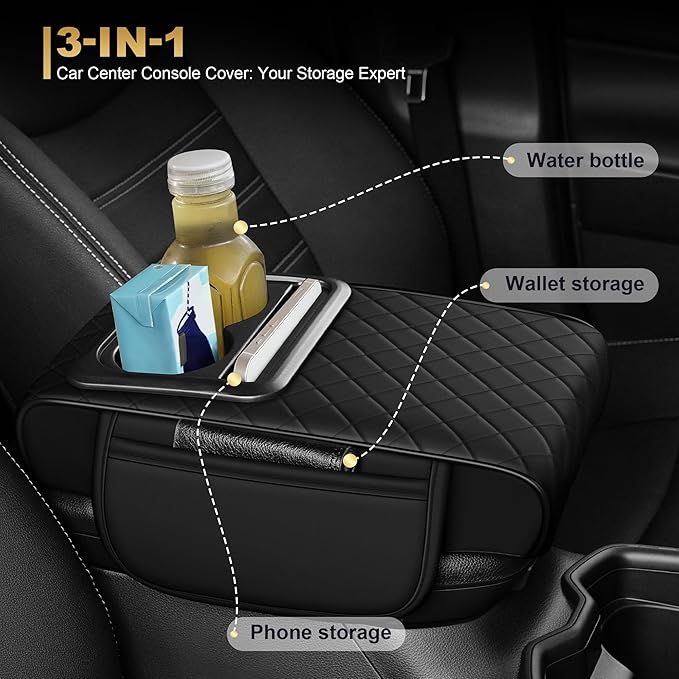 Center Console Cover for TLX: Armrest Cover for Car with 2 Storage Bags - Waterproof Leather Center Console Cover with Cup Holder for Car,Anti-Scratch Auto Armrest Pad Accessory （Black