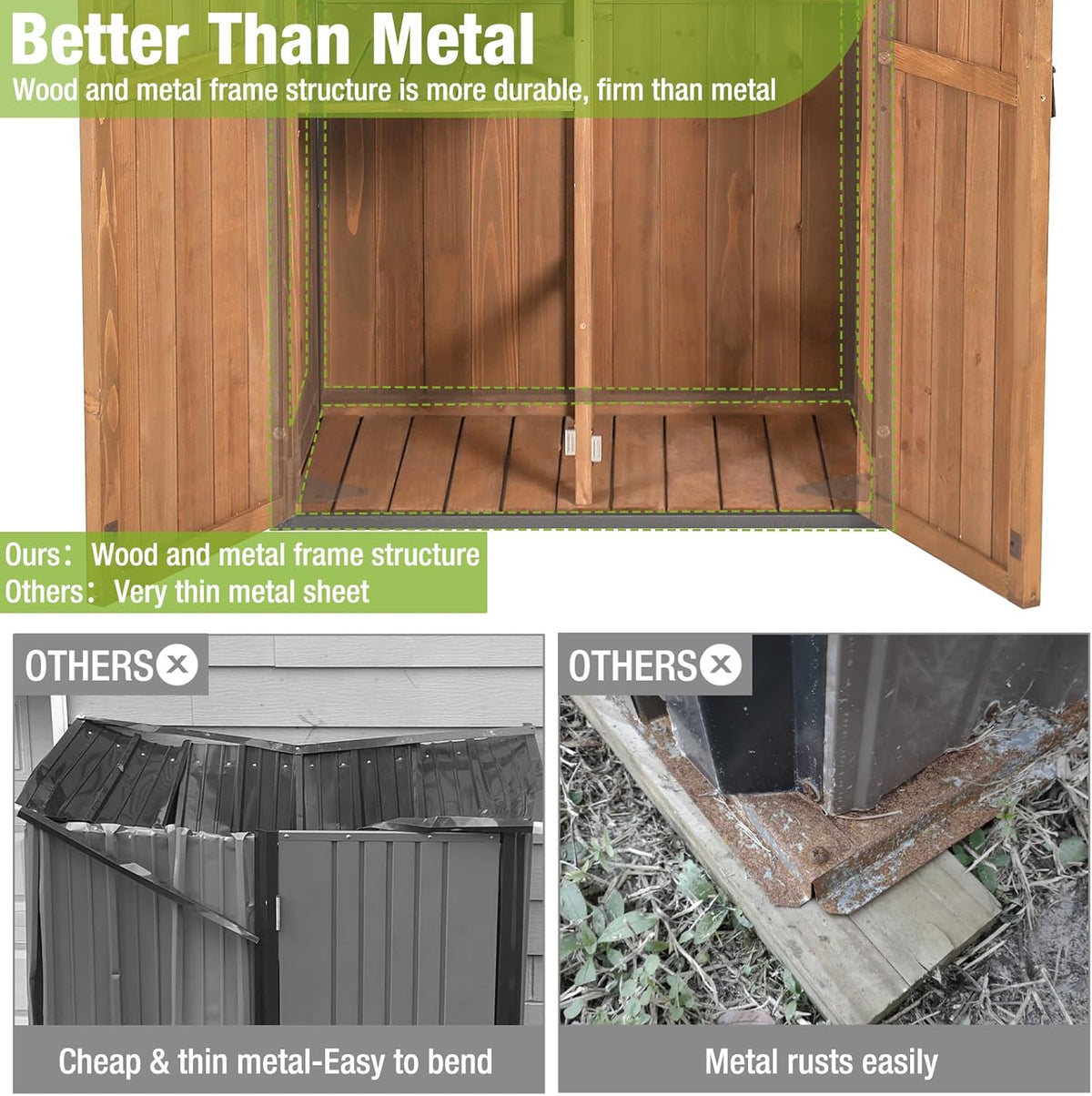 GUTINNEEN Sheds Outdoor Storage Wooden Garden Tool Shed with Metal Frame Sloped Roof and Adjustable 3 Tiers Shelves Outdoor Storage Cabinet for Backyard Garden Patio Lawn 67.1"(Brown)