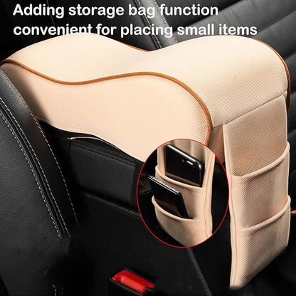 Auto Center Console Armrest Pillow, Memory Foam Car Armrest Cushion with Phone Holder Storage Bag Universal Fit for Most Car (Beige)
