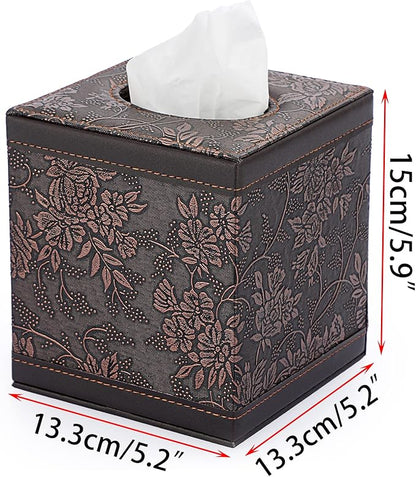 Sumnacon Square Leather Tissue Box Cover - Stylish Cube Tissue Box Holder with Magnetic Bottom, Decorative PU Tissue Box for Vanity Dresser Night Stand Table Countertop Home Office Car, Black Flower