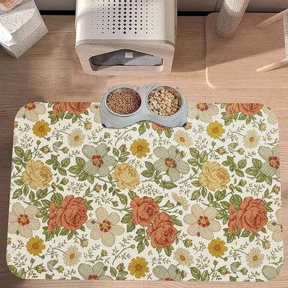 Delicate Floral Dog Food Mat Absorbent Bowl Mats No Stains Quick Dry Waterproof Pet Cat Placemats for Food and Water, 30x45cm