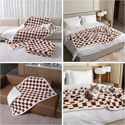Maidewow Waterproof Pet Blanket,Checked Jacquard Pets Throw Dog Blankets Dog Bed Covers Couch Sofa Stylish for Puppy Cats Washable Reversible Furniture Protection Covers (Coffee Check,S)