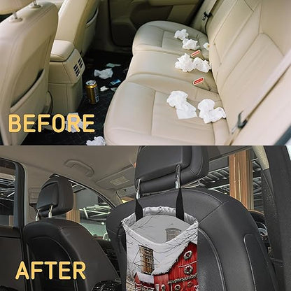 Snowy Red Barn Car Trash Bag,Mistletoe Wreaths Strap Drawstring Car Garbage Bags,Car Back Seat Organizer with Adjustable Buckle for Car Accessories