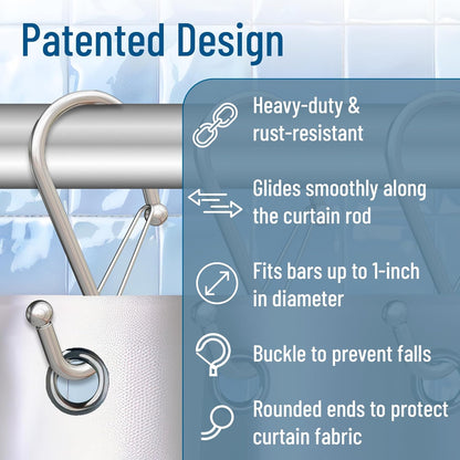 Set of 12 Silver Metal S Hook Shower Hooks 1” – Closed, Heavy Duty, Long Decorative Shower Curtain Hooks, Easy Glide, Buckle, Large Rust Resistant Rings for Bathroom Rods (Silver, S)