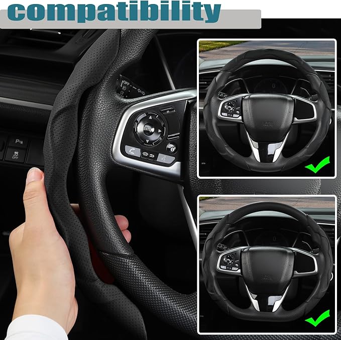 West Llama 3PCS Leather Car Steering Wheel Cover,Snap On Steering Wheel Protector Universal 99% Cars(3PCS-Black)