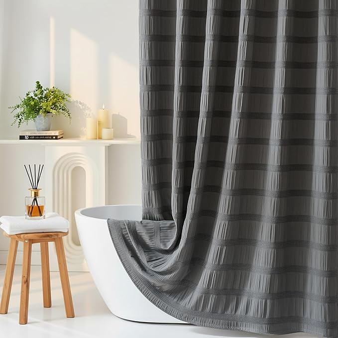 Lameirose Extra Long Grey Shower Curtain Farmhouse,72 x 78 Cotton Blend Waffle Tufted Striped Chic Textured Fabric Shower Curtain for Bathroom, Hotel