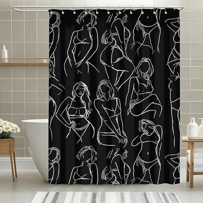 mutakin Black and White Abstract Shower Curtain Women Minimalist Line Art Shower Curtains for Bathroom Waterproof Fabric Bath Curtain Decor with Hooks