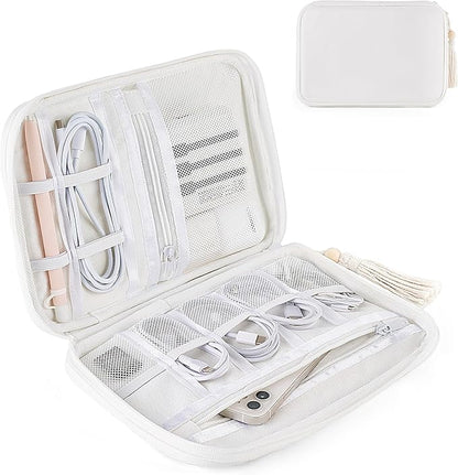 Mkono Electronics Organizer Travel Cable Cord Organizer Cotton Bag, Portable All-in-One Accessories Travel Essentials Storage Case with Tassel for Cable Charger Phone USB Pouch for Women, White
