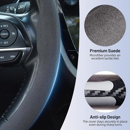 Suede Steering Wheel Cover, Universal 15 Inch Car Steering Wheel Cover, Non-Slip Design,Breathable,Car Interior Accessories Gray