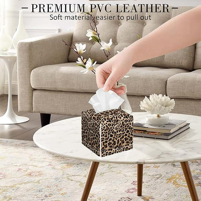 POIUBLE Leather Tissue Box Holder Leopard Print Tissue Box Cover Square Waterproof Tissue Holder Organizer Modern Napkin Holder for Bedroom Dresser Night Stand Office Desk