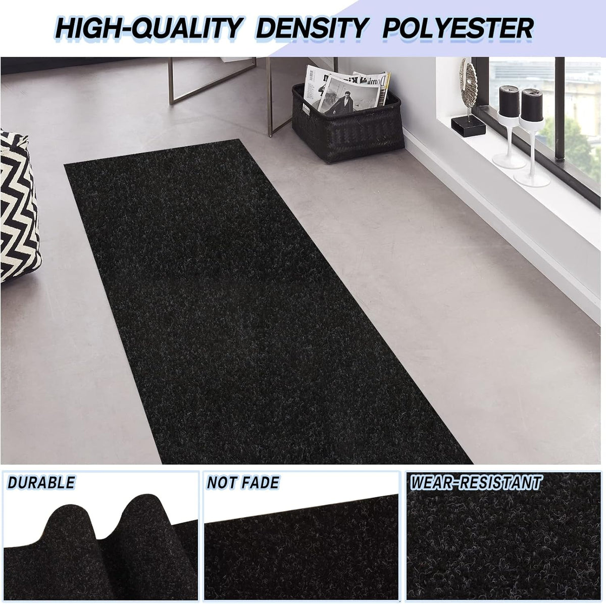 Custom Size Backed Non-Slip Area Rugs Runner, Easy Clean, Waterproof Runner Rugs for Hallway Entryway, Kitchen, Laundry, 3FT x 45FT, Black