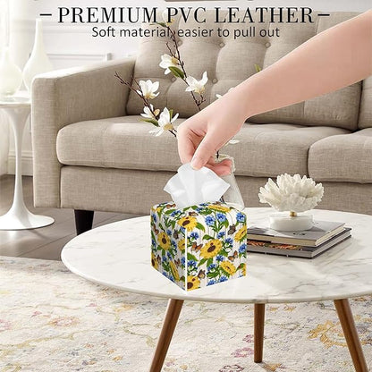 POIUBLE Cornflowers and Sunflowers Tissue Box Cover Butterfly and Ladybug Leather Tissue Box Holder Square Facial Paper Organizer Dispenser for Bathroom Kitchen Bedroom Vanity Countertop Night Stands