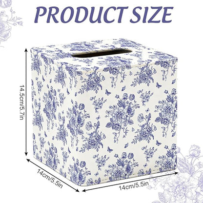 JarThenaAMCS Blue Floral Tissue Box Cover with Magnetic Closure PU Leather Tissue Holder Chinoiserie Flower Butterfly Square Napkin Box for Home Office Bedroom Countertop Decor