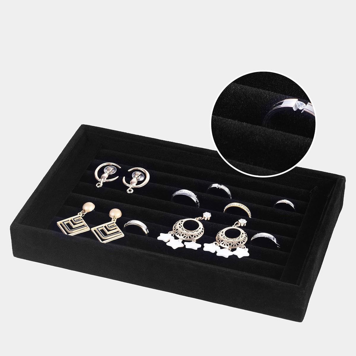 Valyria Velvet 7 Slots Ring Earrings Trays Showcase Display Jewelry Organizer VA003 (Black)